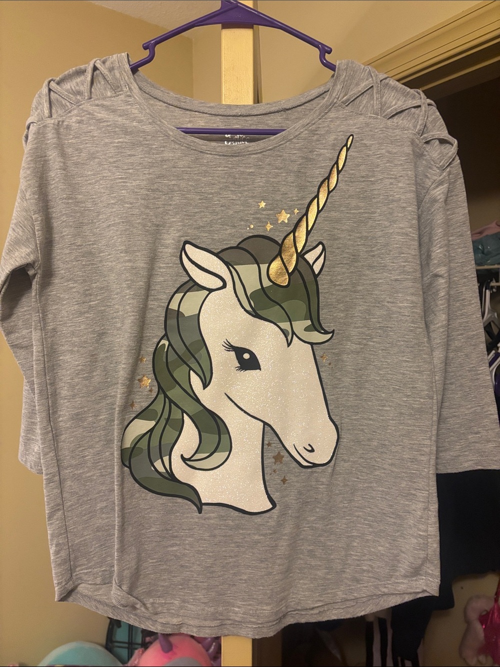 Justice Gray Long-Sleeve Unicorn Top with Gold Horn size 12 plus in girls